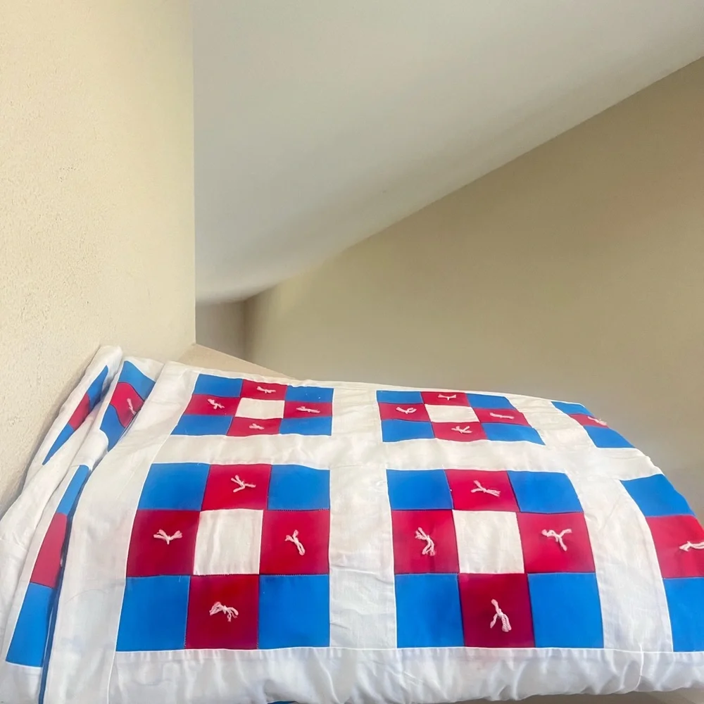 VNTG Handmade Cotton Red White Blue Colorful King Size Quilt‎ Top 91 x 75